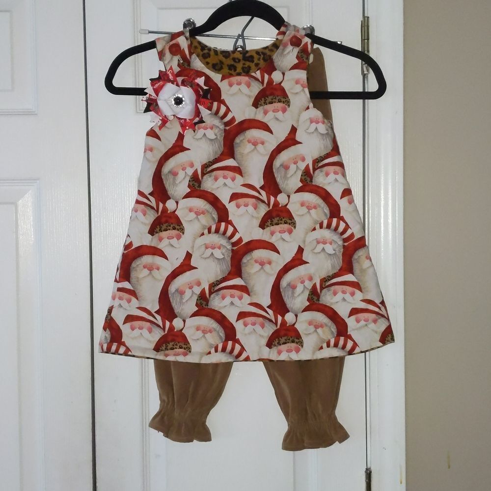 Beanstalk Boutique Leopard Santa reversible outfit & handmade NEW hair bow Sz 4